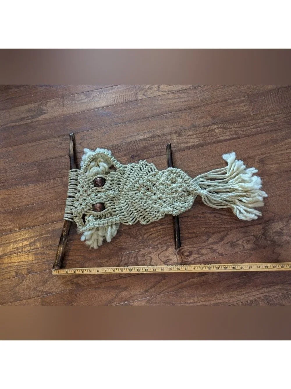 Vintage Macrame 70's Boho Owl Tapestry Wall Hanging 28' Hardwood Frame